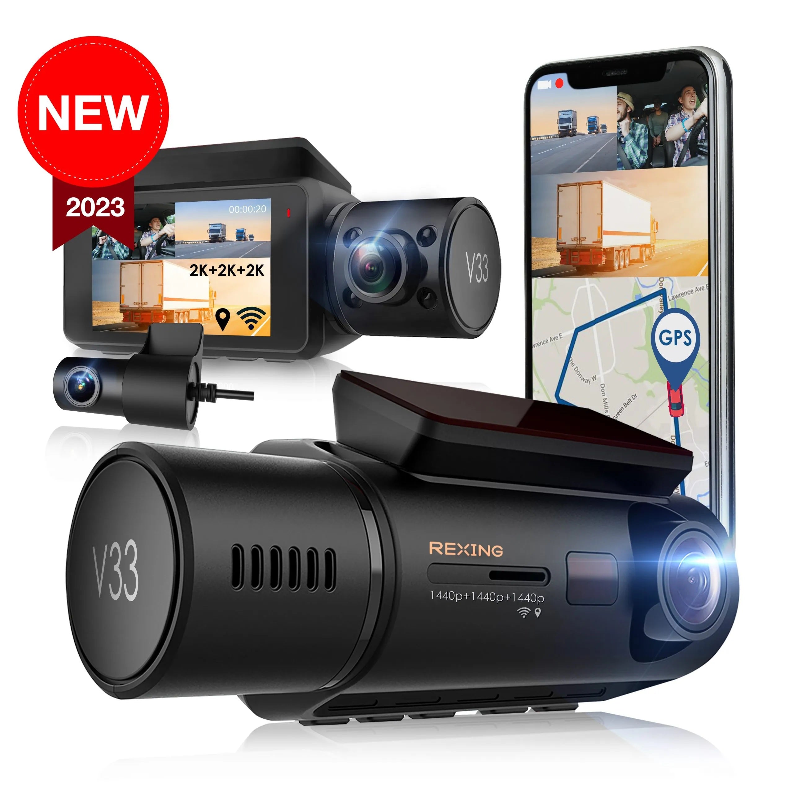 Rexing V33 3 Channel 1440p+1440p+1440p Front, Cabin and Rear Camera Dashcam with Built-in Wi-Fi & GP